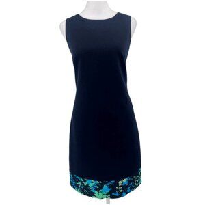 Tahari Navy Blue Sleeveless Sheath Dress with Patterned Hem - Size 6